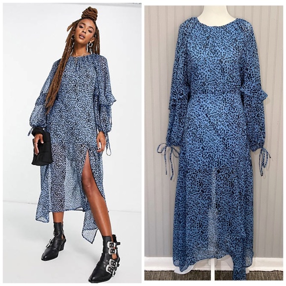Topshop recycled blend ruched neck tiered animal print midi dress in blue - Picture 1 of 5